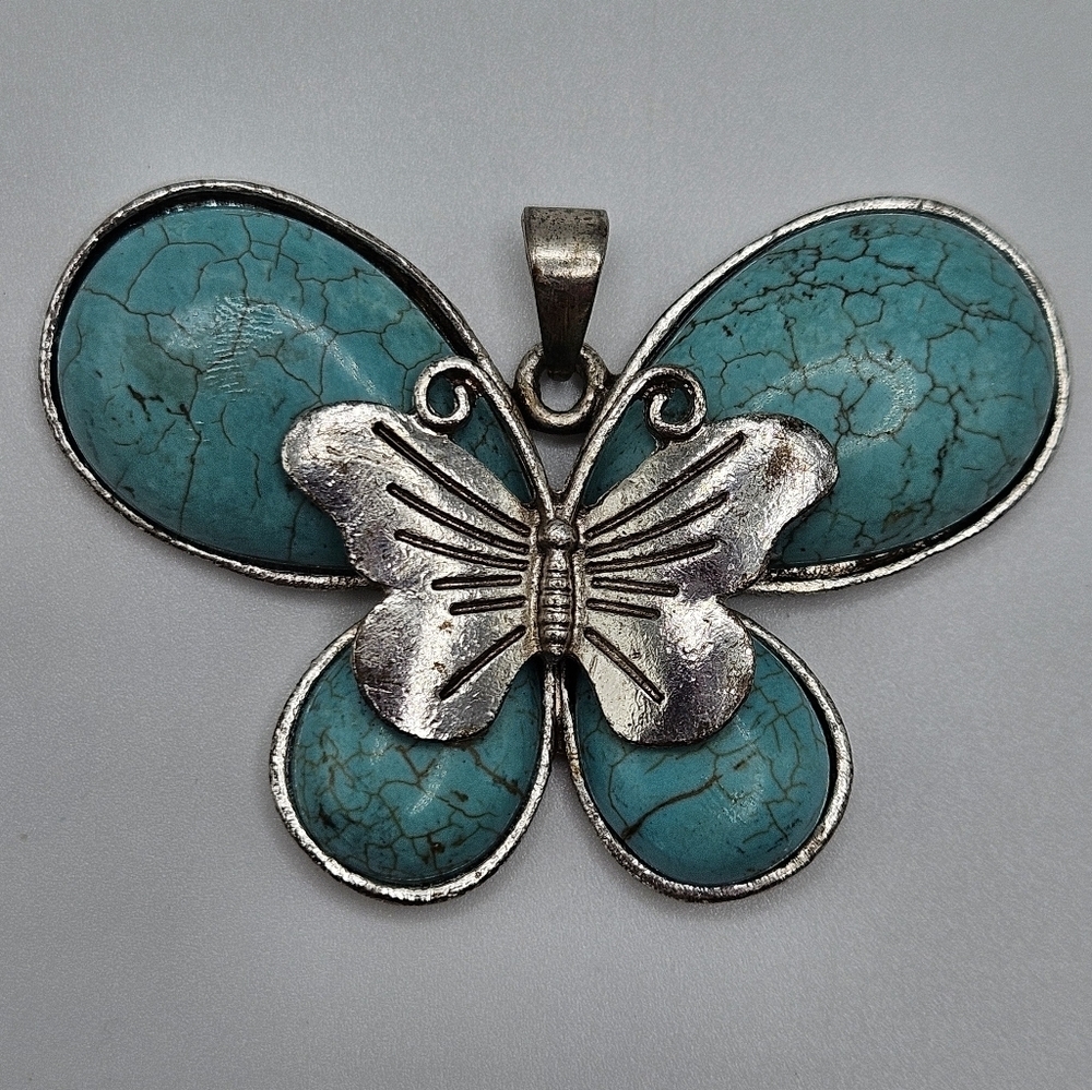 VINTAGE Blue Turquoise Silver Tone Large Butterfly Pendant Charm